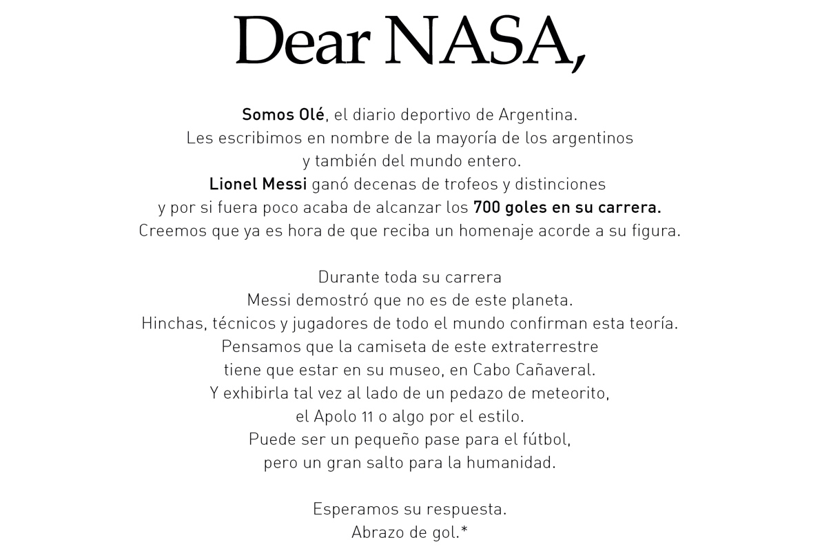 Nuevo: Diario Olé y VMLY&R envían una carta a la NASA