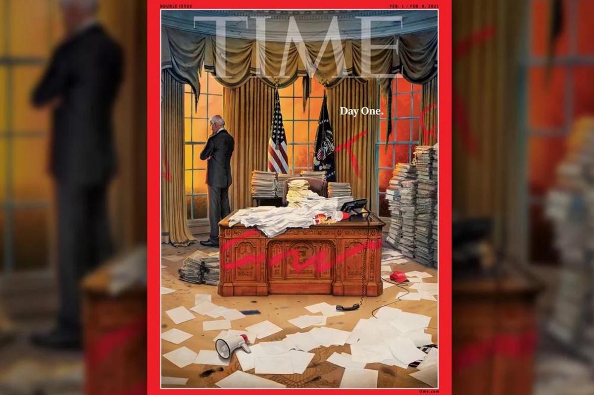La última tapa de Time muestra a Biden en una Oficina Oval arrasada por su predecesor