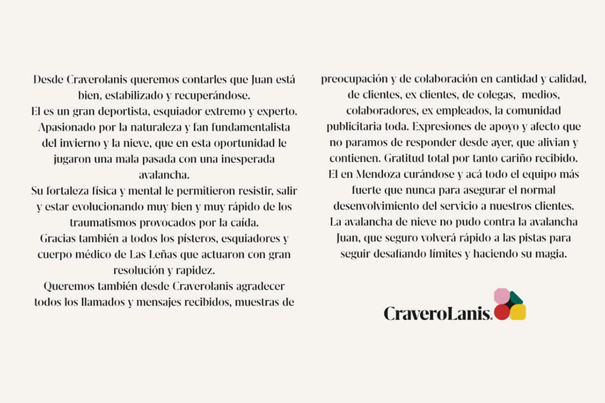 Juan Cravero sufrió un accidente en la montaña y está bien, “recuperándose de los traumatismos”