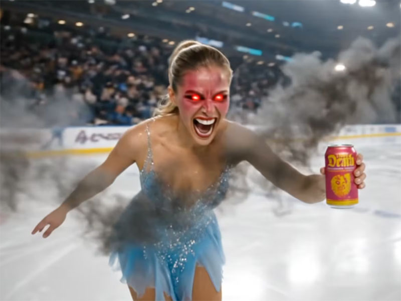 El patinador generado por IA de Liquid Death se transformó en un demonio que asustó a los espectadores de los Juegos Olímpicos de Invierno. (Liquid Death)